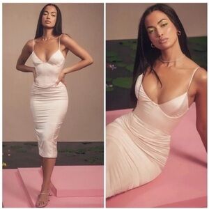 HOUSE OF CB 'Gisele' Peony Satin Corset Midi Dress‎ NWOT Size XL